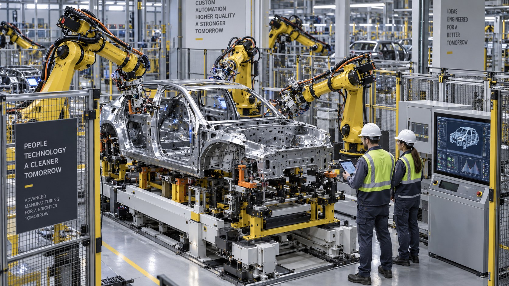 Automotive body-in-white cell with industrial robots