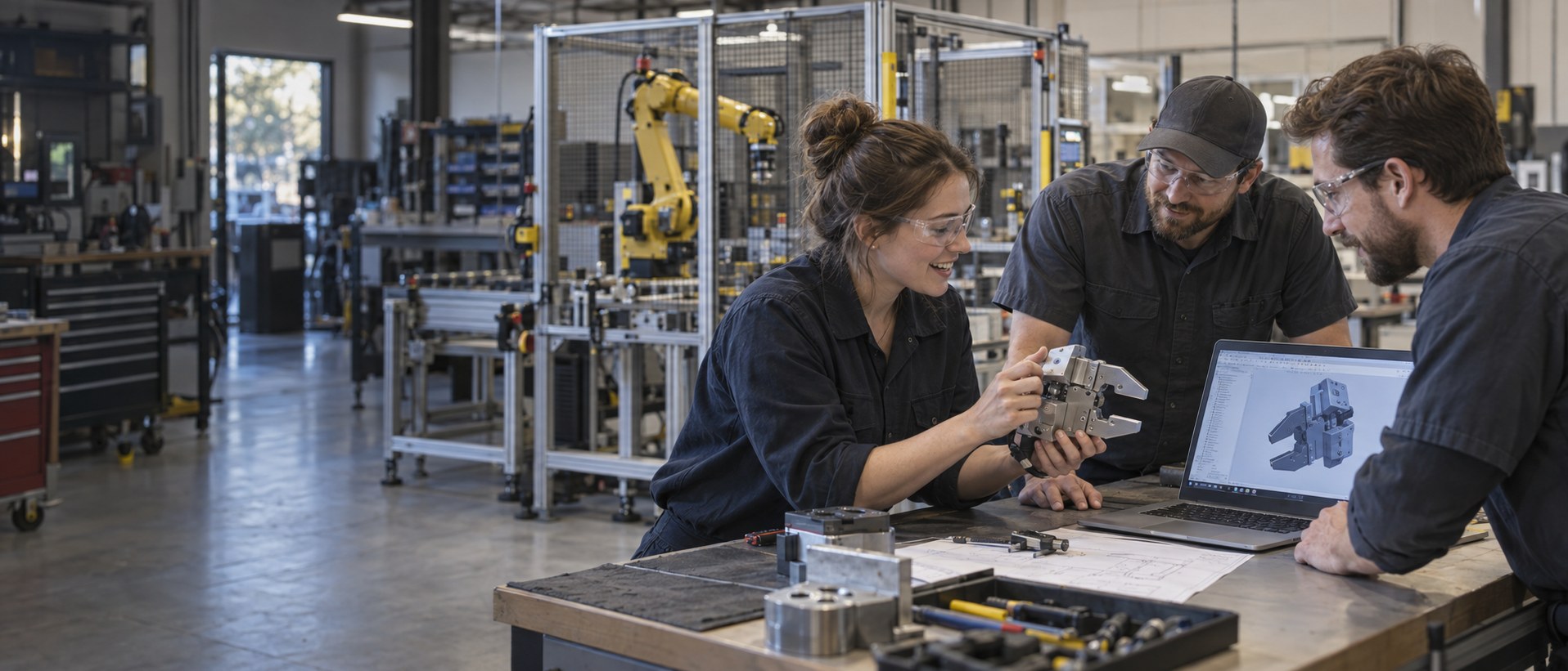 Engineers reviewing a gripper and CAD at a shop bench