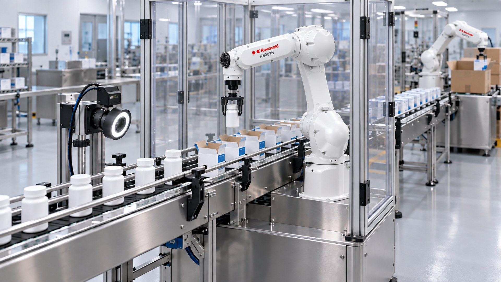 Kawasaki robot packing pharmaceutical bottles on a cleanroom line